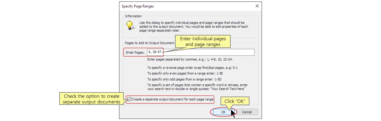 Specify page ranges